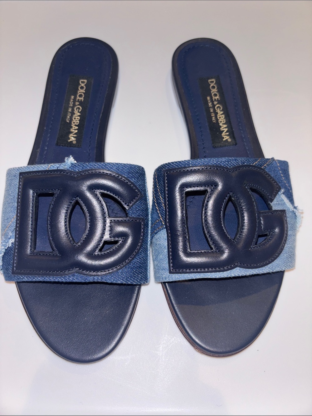 Dolce & Gabbana Blue Leather and Denim DG Logo Slide Sandals